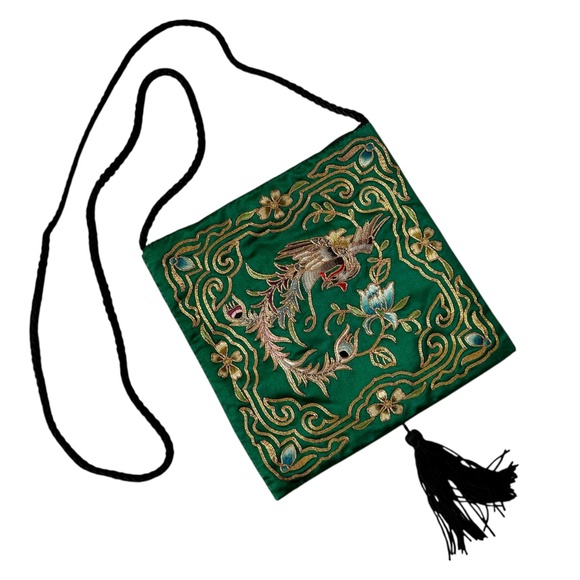 Handbags - Chinese Embroidered Green Satin Pouch with Black Tassel 6.5" x 6.5" Bird Flower